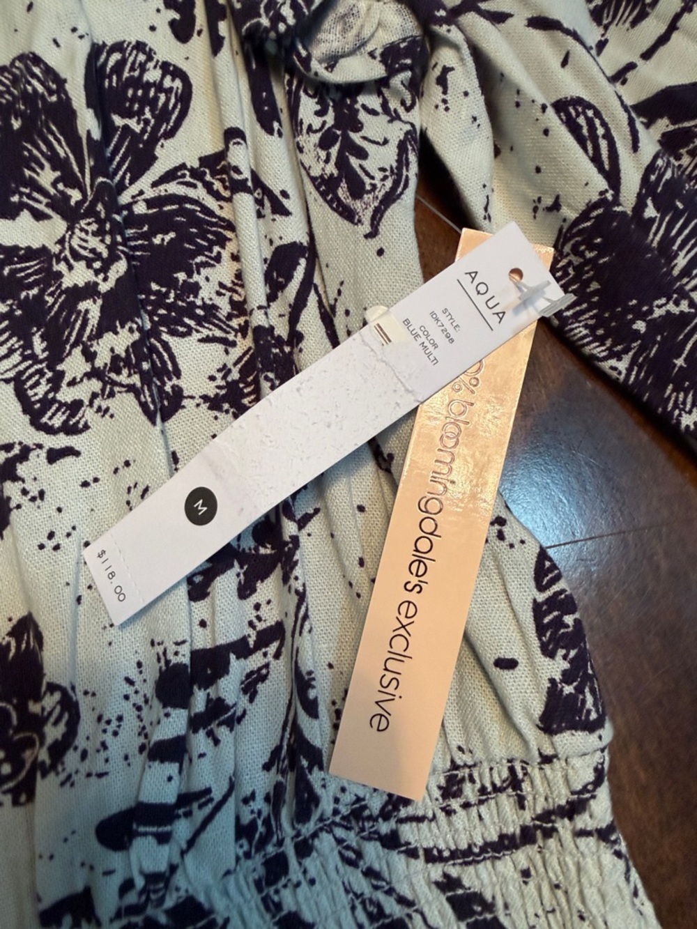 Aqua Smocked Midi Dress - Blue Floral Linen Blend Long Sleeve - Size M NWT - Picture 5 of 7